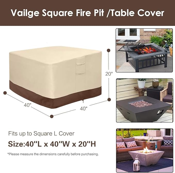 Vailge Fire Pit Cover Square,100% Waterproof Square Gas Firepit Table Cover,Outdoor Heavy Duty Lawn Patio Furniture Covers with Air Vent and Handle,40" L x 40" W x 20" H,Beige & Brown
