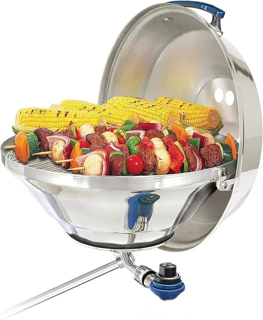 Magma A10-215 Marine Kettle Portable Gas Grill - Stainless Steel BBQ for Boats - Wind-Resistant Design, Safe Propane Connection, Stay Cool Handle - 17" Diameter