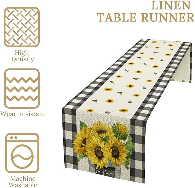 Morden Sunflower Table Runner,White Black Buffalo Plaid Watercolor Summer Flower Plants Leaves Print Table Runner for Kitchen Dining Table Holiday Home Party Decor 13x60in