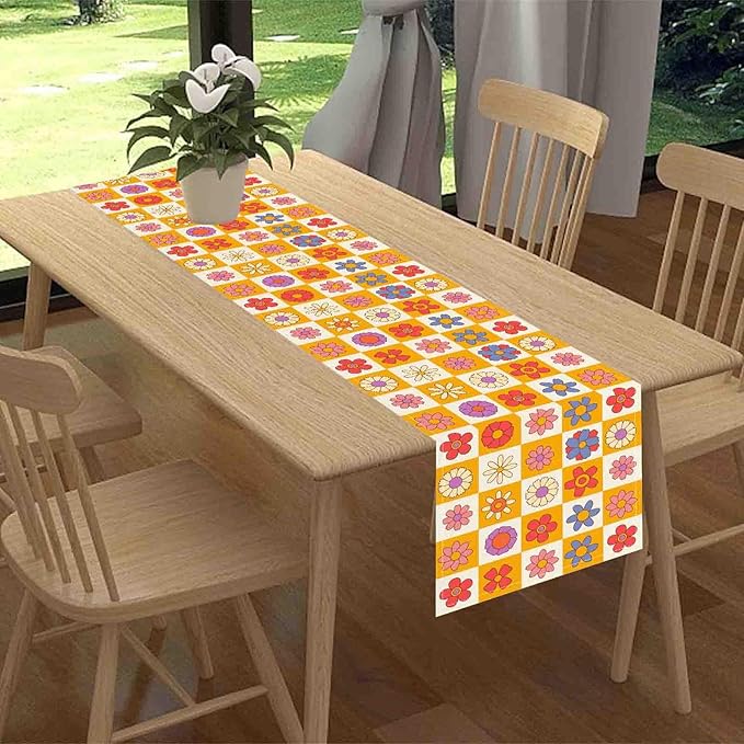 70s Table Runner, Retro Groovy Hippie Daisy Floral Colorful Checkered Funky Trippy Coffee Table Center Decor For Home Kitchen Dining Patio Holiday Party Indoor Outdoor Table Decorations, 13"x108" Inch
