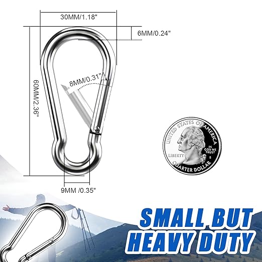Small Carabiner Clip Hooks, 50pcs 2.36 inch Carabiners Heavy Duty, 304 Stainless Steel Spring Snap Hook Fits Camping Hiking, Metal Clips for Rope Chain Keys Rings