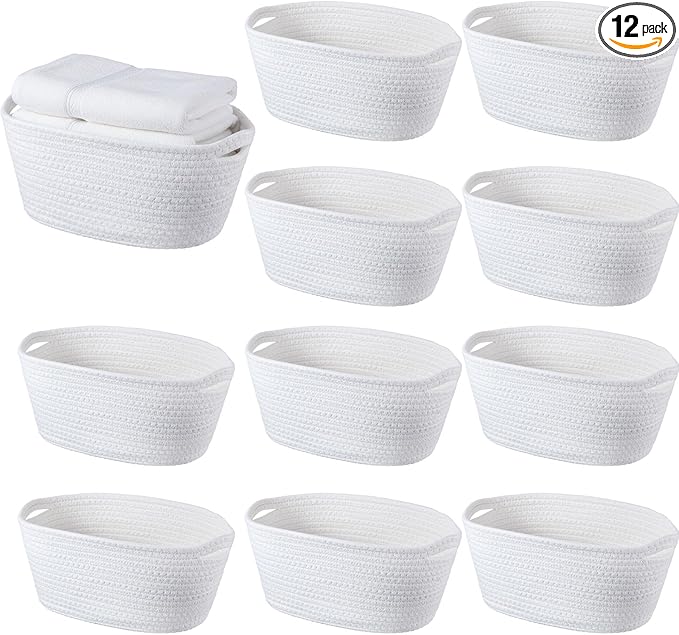 12 Pack Easter Woven Baskets for Gifts Empty Large Cotton Rope Square Storage Baskets with Handle for Organizing Shelves, Toys, Books, Towels, Clothes, 12.6" L x 8.7" w x 6" h(White)