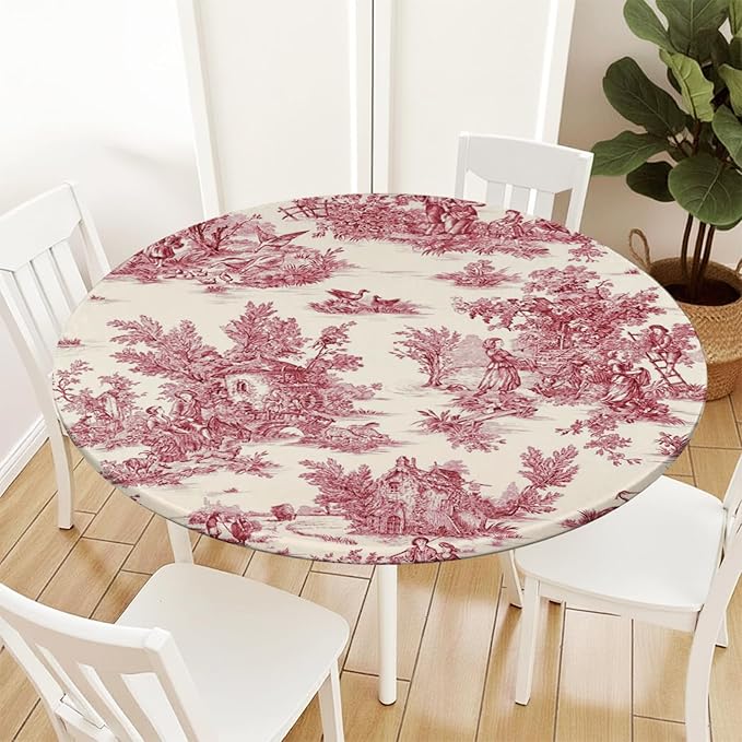 French Country Round Fitted Tablecloth with Elastic Vintage Red Circle Table Cloth for 44-48" Round Tables Wipeable Waterproof Rustic Burgundy Pink Village Table Cover for Dining Patio Picnic Decor