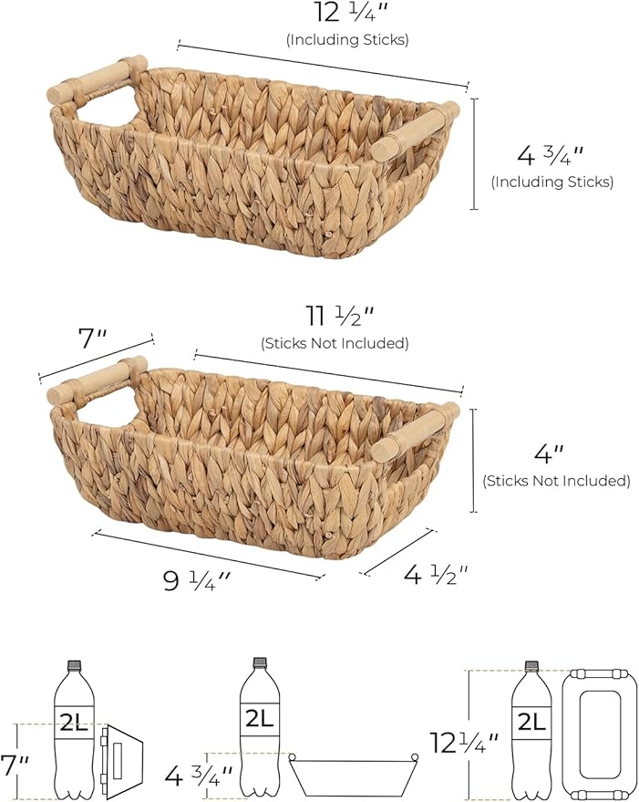 StorageWorks Hand-Woven Small Wicker Baskets, Water Hyacinth Storage Baskets with Wooden Handles, 2-Pack