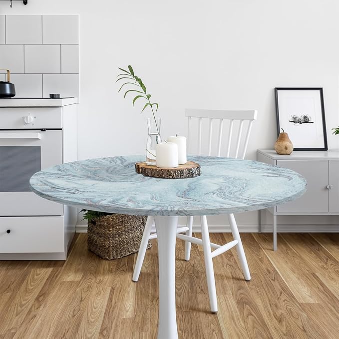 Blue Silver Marble Pattern Round Table Cloth Cover, Elastic Edge Waterproof Wipeable Tablecloths 45"-56" Polyester Tablecloth for Party Restaurant Banquet Holiday Camping Outdoor Picnic