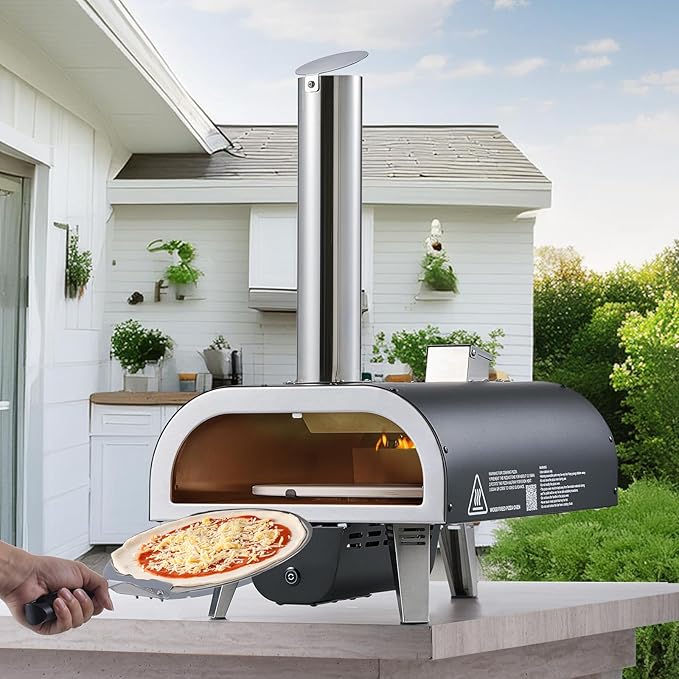 VEVOR Dual Fuel Outdoor Pizza Oven, 12" Auto-Rotating Propane & Wood Pellet Pizza Ovens, Multi-Fuel Pizza Maker with Electric Rotation System & Thermometer, for Outside Patio Camping & Backyard