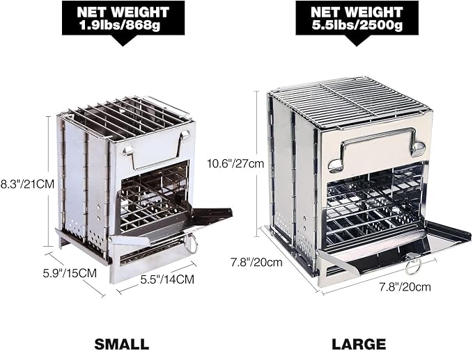 REDCAMP Wood Burning Folding Camp Stove Stainless Steel Grill, Portable Collapsible Backpacking Stove Survival Rocket Stove for Outdoor Tent Camping Hiking Picnic BBQ, Large