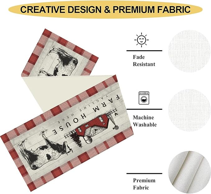 Farmhouse Cow Table Runner, Rustic Red Plaid Animals Buffalo Coffee Table Center Decor for Family Kitchen Dining Room and Living Room Outdoor Country Holiday Party Table Decorations, 13" X 36"