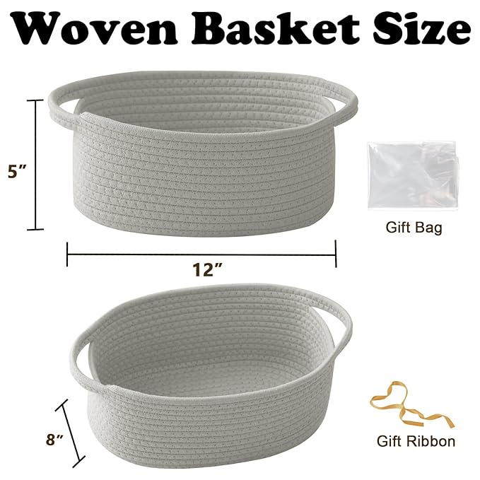 2 Pack Gift Basket with Gift Bag and Ribbons,Small Rope Woven Shelf Storage,Baskets for Gifts Empty,Birthday,Baby Shower,Decorative Organizer Box with Handles(Grey)