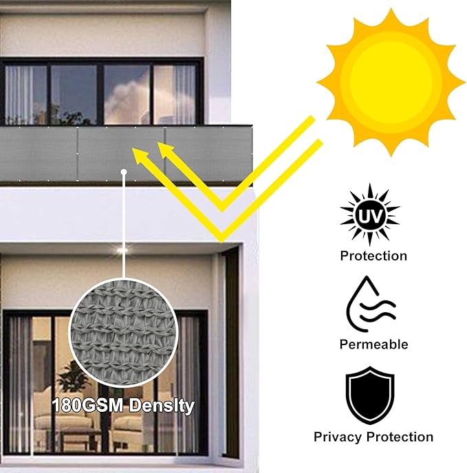 Eden's Decor Balcony Privacy Screen Grey 3'x 12' Cover Mesh Windscreen Weather-Resistant UV Protection for Backyard Deck, Patio, Balcony, Pool, Porch, Fence, Railing, Gardening