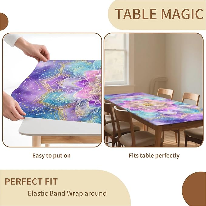 Rectangle Table Cloth Cover Waterproof Elastic Fitted Polyester Fitted Tablecloths for 4 Foot Tables for Indoor,Picnic, Camping, Outdoor （48" x 30"，Datura）