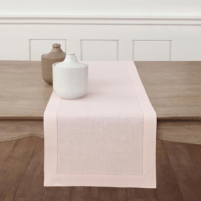 Solino Home Linen Pink Table Runner 132 Inches Long - 100% Pure Linen Extra Long Table Runner 14 x 132 Inch for Valentines, Spring, Easter - Classic Hemstitch