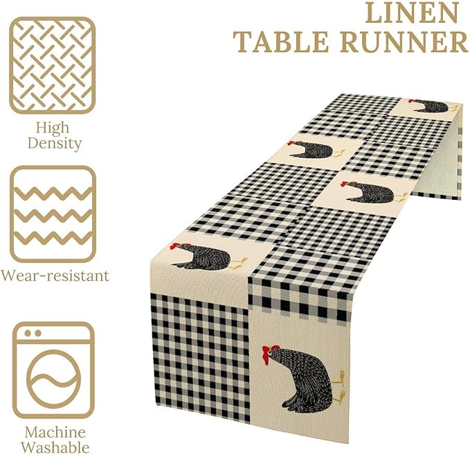 Farm Animal Table Runner, Chicken Hen Black White Buffalo Plaid Check Farmhouse Chick Table Runner for Home Kitchen Holiday Dining Party 13x120in