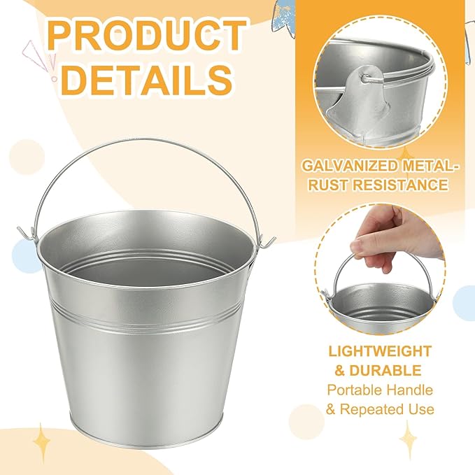 Small Metal Buckets, Mini Buckets with Handle Galvanized Colored Tin Pail Containers Basket Party Supplies - Fit for (Halloween - Classroom Crafts) 6" & 10Pcs & Silver