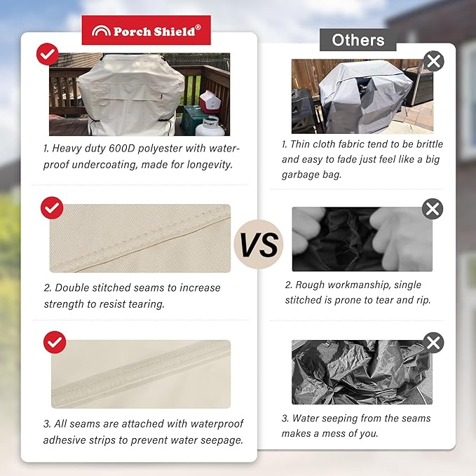 Porch Shield 62W x 24D x 48H inch Premium Gas Grill Cover Up to 60 inch, Waterproof and Fade Resistant 600D BBQ Covers for Weber, Brinkmann, Char-Broil and More, Light Tan
