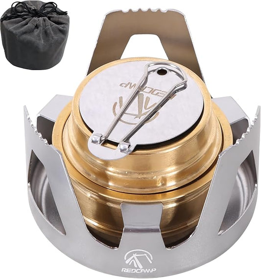 REDCAMP Mini Alcohol Stove for Backpacking, Lightweight Brass Spirit Burner with Aluminium Stand for Camping Hiking