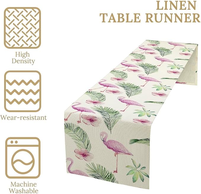Flamingo Table Runner,Spring Summer Tropical Floral Green Palm Leaves Hawaiian Luau Watercolor Table Center Decor for Family Kitchen Living Room Farmhouse Party Table Decorations, 13"x72"