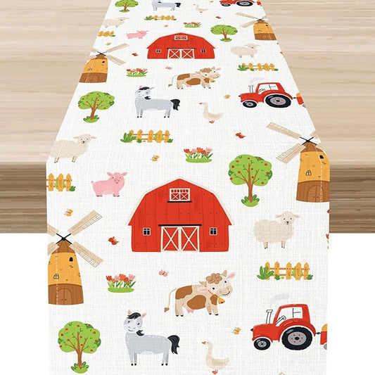 Farm Animals Table Runner, Rustic Farmhouse Cow Pig Rooster Watercolor Coffee Table Center Decor for Home Kitchen Dining Patio Holiday Party Indoor Outdoor Table Decorations, 13"x90" Inch