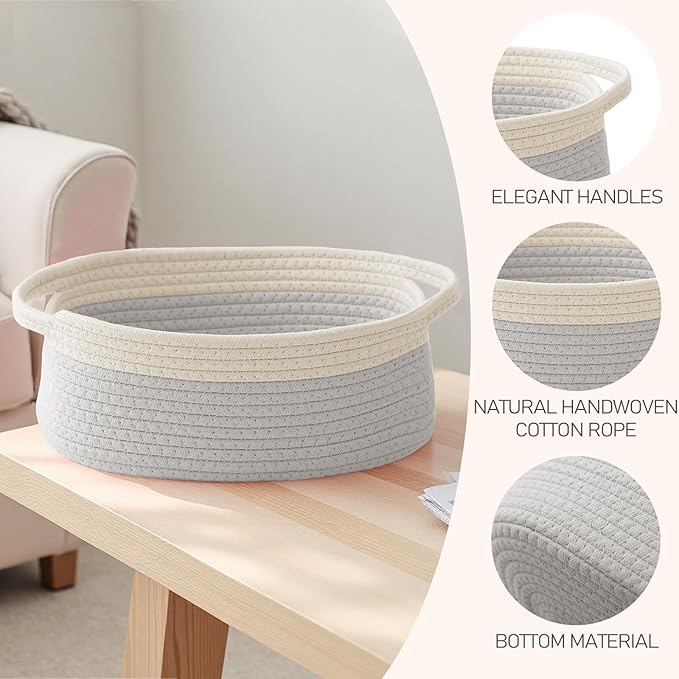 Woven Basket,Small Rope Storage Bin with Handles & Ribbon Bag, Organizer for Shelves Closets,Gift Basket Empty for Birthday,Books,Dog Toys, White&Grey