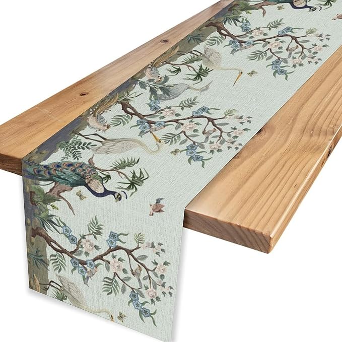 Blue Peacock Table Runner,Rustic Light Blue Crane Floral Branch Table Center Decor for Home Dining Kitchen Patio Holiday Party Indoor Table Decorations, 13"x90"