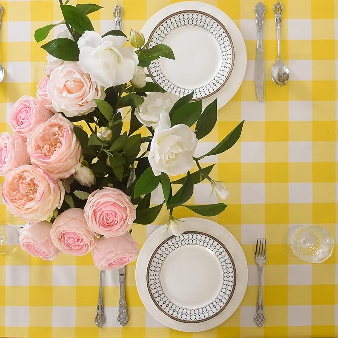 Cupuamon 2 Pack Waterproof Polyester Fabic Rectangle Checkered Tablecloth，60x102 Outdoor Table Cloth，Oil Stain Prevention Table Cloth for Pinics and Parties（Yellow and White）