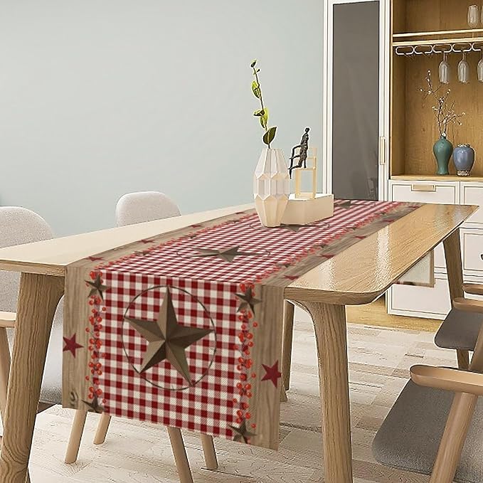 Farmhouse Western Table Runner,Rustic Country Barn Red White Buffalo Plaid Texas Star Berries Print Table Decoration for Kitchen Dining Table Wedding Home Party 13x36in