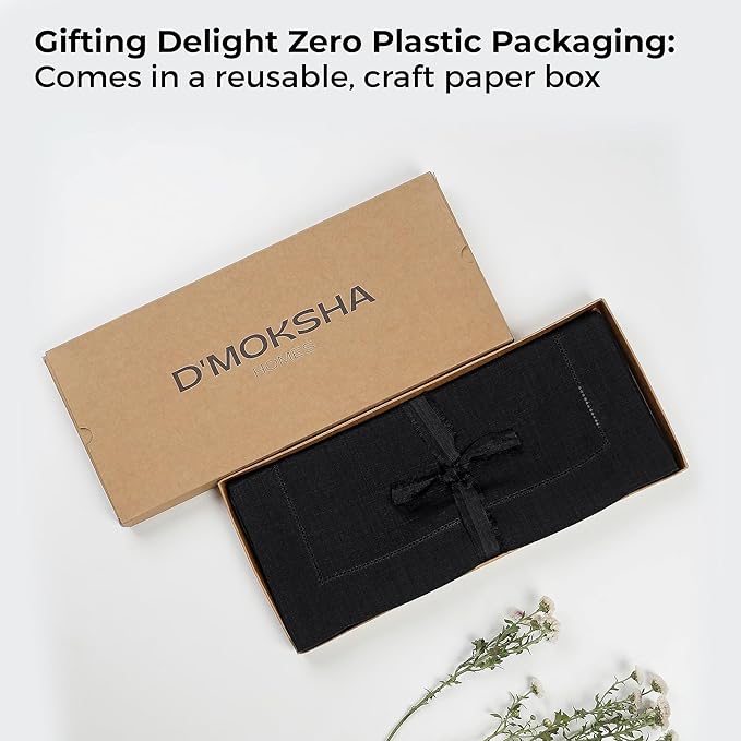 D'Moksha Homes Linen Black Table Runner 36 Inches - 100% Pure Linen Small Table Runner 14 x 36 Inch Ideal for Dresser, Coffee Tables, Spring, Easter - Classic Hemstitch