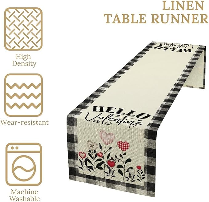 Valentines Day Table Runner,Vintage Rustic Black White Red Heart Buffalo Plaid Table Center Decor for Family Kitchen Living Room Outdoor Farmhouse Party Table Decorations, 13"x108"