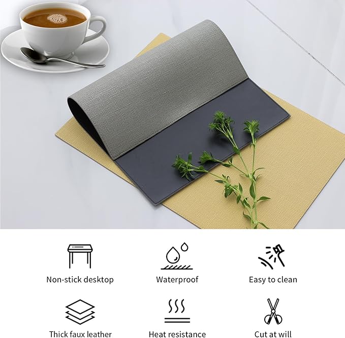 Faux Leather Placemats for Dining Table Set of 6, Heat Resistant Reversible PU Table Mats, Waterproof Wipeable Place Mats, 13"x18", Grey