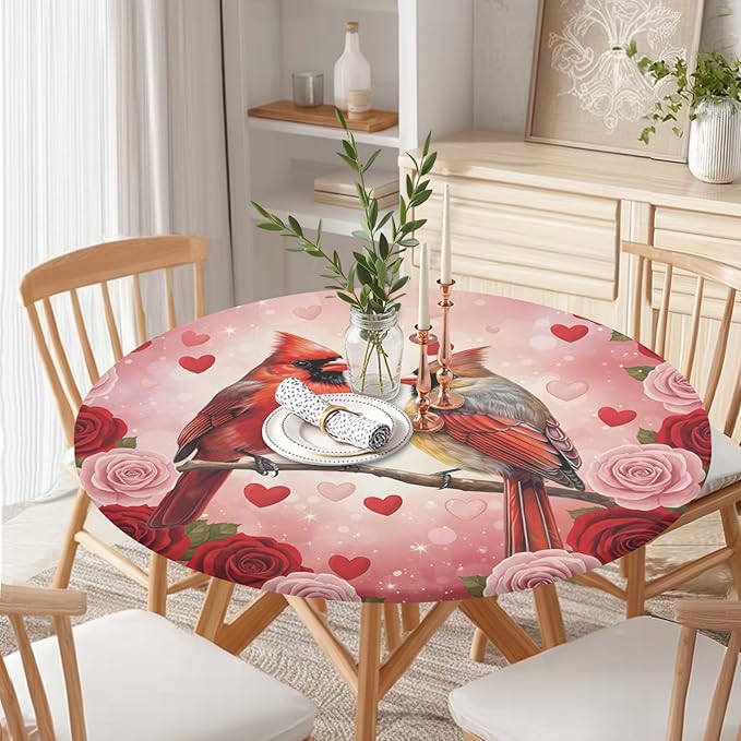Valentines Day Round Fitted Tablecloth with Elastic Cardinal Bird Heart Circle Table Cloth for 36-40" Tables Wipeable Waterproof Washable Valentine Red Birds Table Cover for Picnic Dining Party Decor
