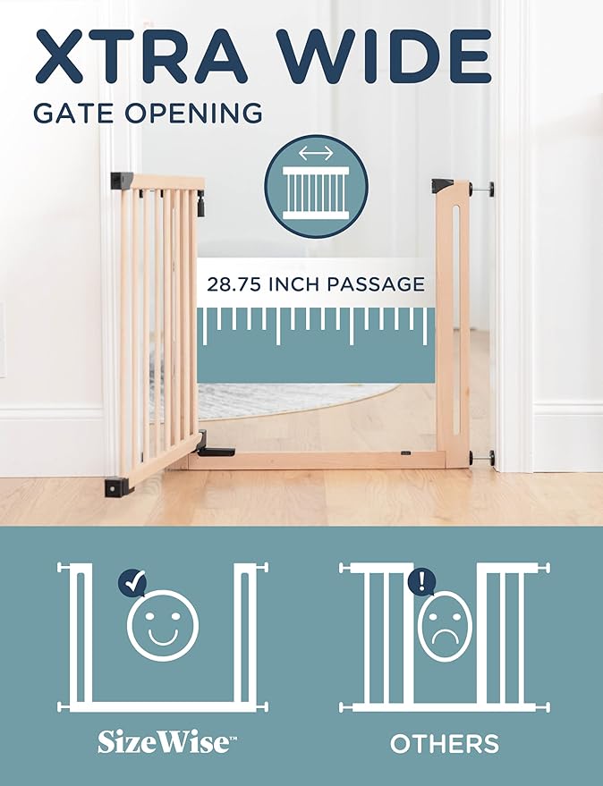 SizeWise™ Wood Pressure Mounted Safety Gate 37.4"-41.34" | Extra-Wide Passage | Auto-Close Two-Way Opening for Doorways and Hallways | Easy Installation | PEFC Certified Beech Wood (28.7" Passage)