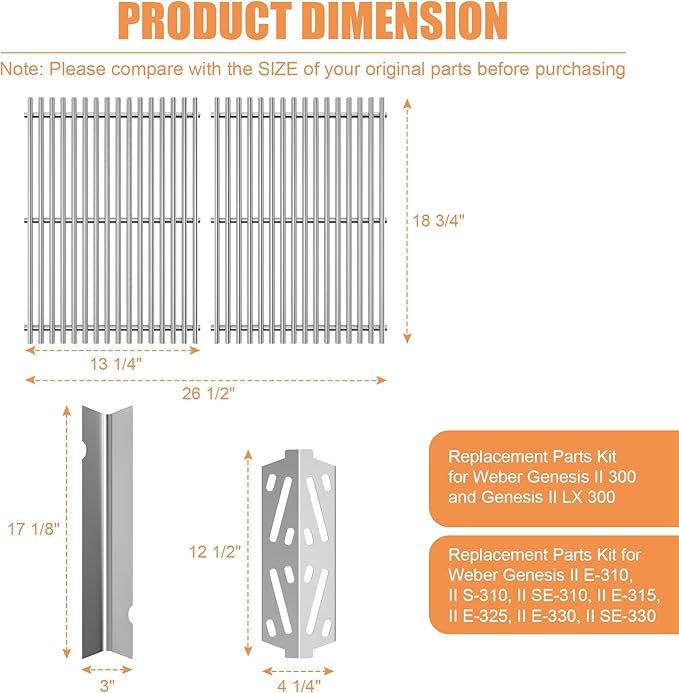 Grill Replacement Parts for Weber Genesis II 300, Genesis II LX 300, Genesis II E&S Series Gas Grills, Grill Parts for Weber Cooking Grates Flavorizer Bars Heat Deflectors 66095 66802 66032 66795