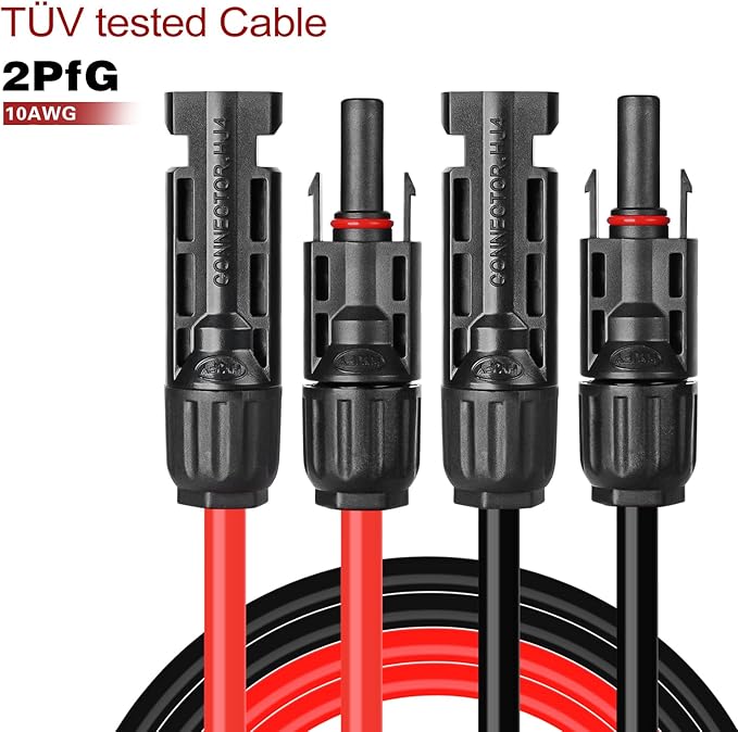 Solar Cable 6 Feet 10AWG Solar Extension Cable with Female and Male Connector, Solar Panel Wire Adaptor Kit Tool (6FT Red + 6FT Black)