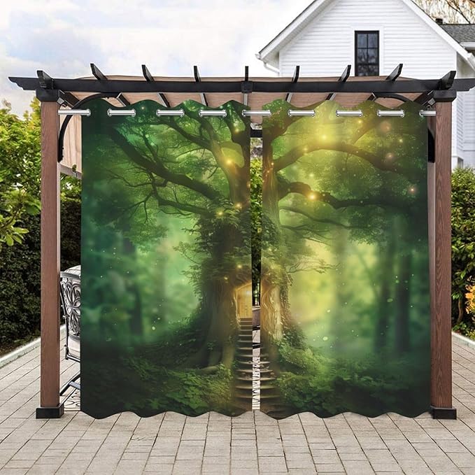 Fantasy Theme Waterproof Indoor/Outdoor Curtains,Forest Pattern,Weatherproof Outside Curtain for Cabana, Porch, Pergola and Gazebo,2 Panel,54 x 96 inch,Green