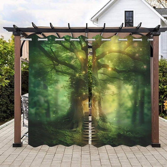 Fantasy Theme Outdoor Curtains for Patio Waterproof,Forest Pattern,Grommet Curtain for Bedroom, Porch, Living Room, Pergola, Cabana,Set of 2 Panels,54 x 108 inch,Green
