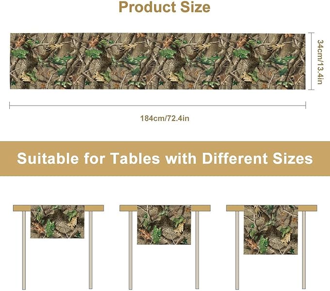 Forest Camouflage Table Runner, Camo Conifer Oak Branches Mossy Hunting Lodge Camp Cabin Table Runner for Kitchen Dining Room Party Camping 13x120in
