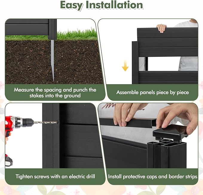 Giantex Air Conditioner Fence 4 Panels - 48''W x 48''H Outdoor Privacy Screen with Upgraded Metal Stakes, PVC Trash Can Enclosure, Decorative Garden Fences for Patio Lawn AC Unit Pool Pump, Black