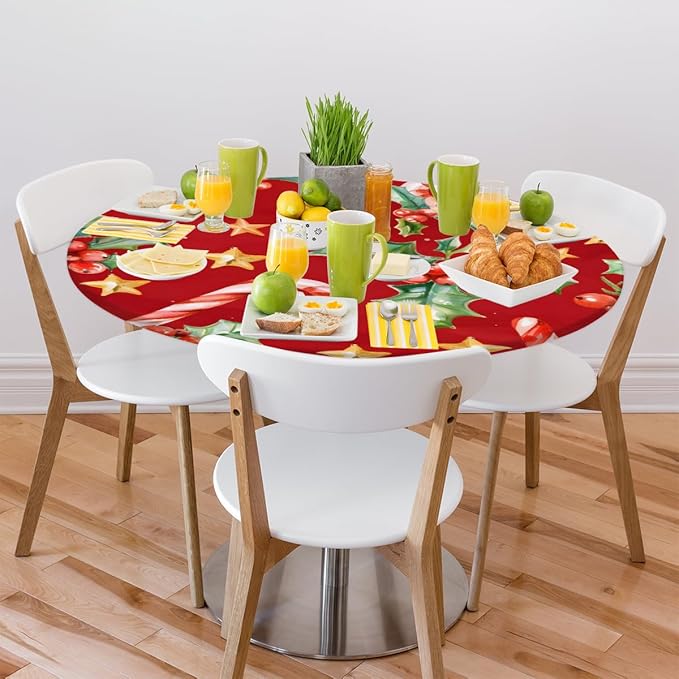 Christmas Ruffle Star Candy Round Table Cloth Cover, Elastic Edge Waterproof Wipeable Tablecloths 36"-42" Polyester Tablecloth for Party Restaurant Banquet Holiday Camping Outdoor Picnic