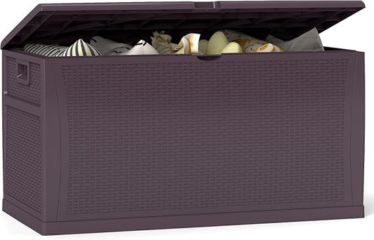 ZYJOYY 125 Gallon Resin Deck Box, Weatherproof Outdoor Storage Box for Patio, Garden, Pool, and Yard, Lockable Waterproof Bin for Tools, Cushions, and Accessories, Brown