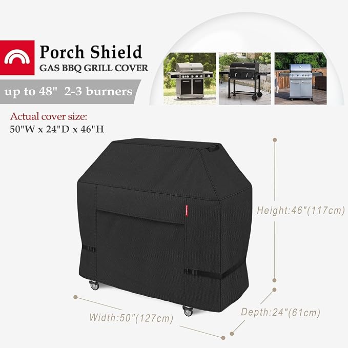 Porch Shield 50W x 24D x 46H inch Premium Gas Grill Cover Up to 48 inch, Waterproof and Fade Resistant 600D BBQ Covers for Weber, Brinkmann, Char-Broil and More, Black