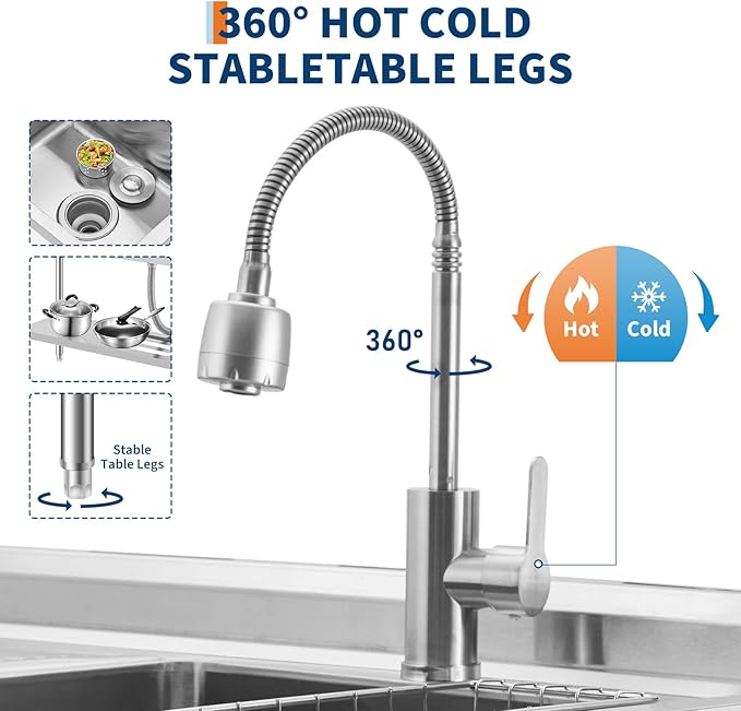 Freestanding Stainless Steel Utility Sink with Workbench, Left Drawer, Commercial Kitchen Sink with Faucet, Hot & Cold Water, Storage Shelf, S-Hook, Knife Holder, Adjustable Leg for Indoor Outdoor
