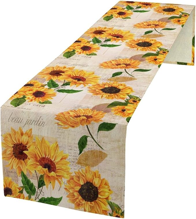 Retro Sunflower Table Runner, Vintage Newspaper Sunflower Blossoms Rustic Farmhouse Flower Table Cover for Kitchen Dinning Party Holidays Decor, 13x108inch