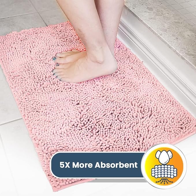 Muddy Mat® AS-SEEN-ON-TV Highly Absorbent Microfiber Door Mat and Pet Rug, Non Slip Thick Washable Area and Bath Mat Soft Chenille for Kitchen Bedroom Indoor and Outdoor - Light Pink 24" x 120"
