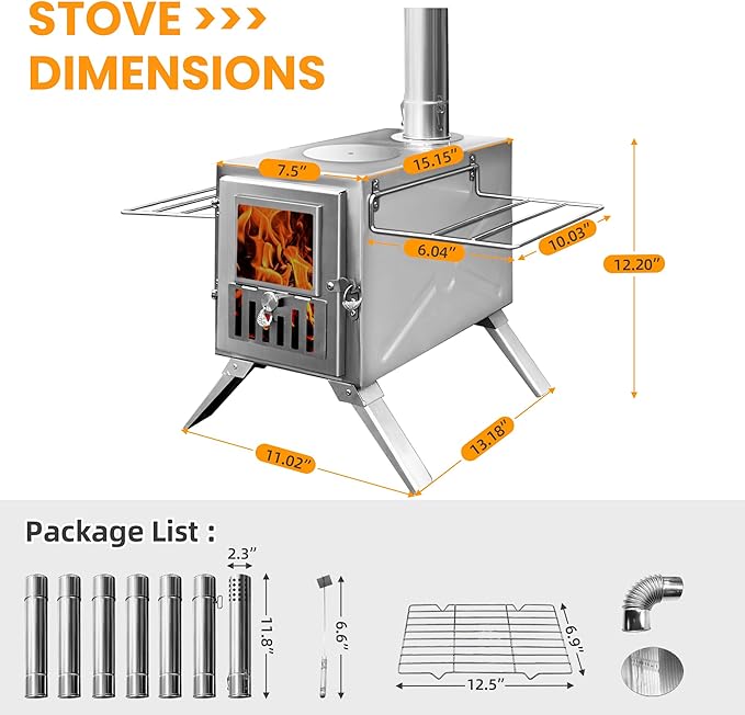 Wood Burning Stove,Portable Camping Stove with Chimney Pipes,Front Window，Side Racks,Mini Wood Stove for Outside Tent,Cookout,Truck Travel and inside Woodcutter's Cottage