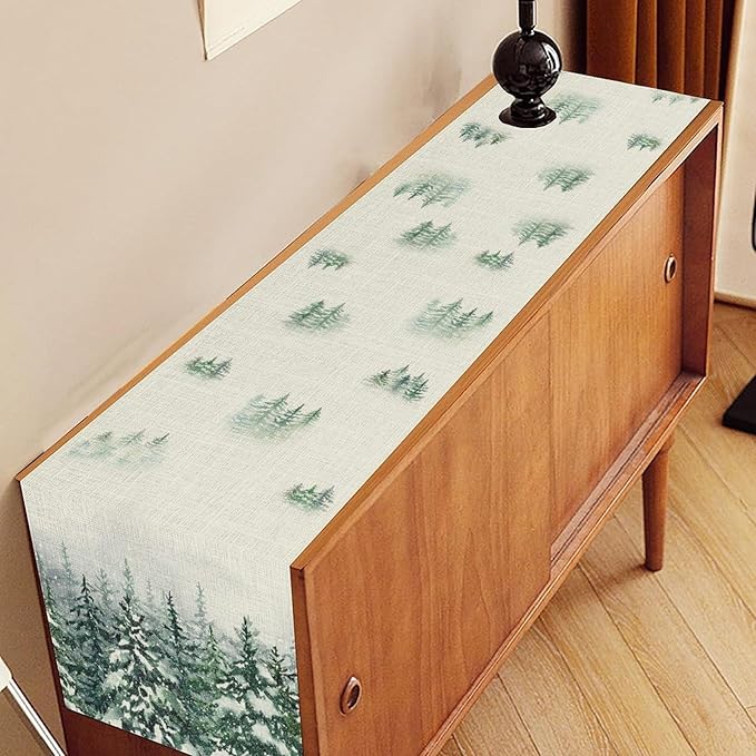 Forest Table Runner, Rustic Farmhouse Mountains Birds Pine Tree Woodland Jungle Cottage Country Coffee Table Center Decor for Home Kitchen Dining Patio Holiday Party Table Decorations, 13"x90" Inch