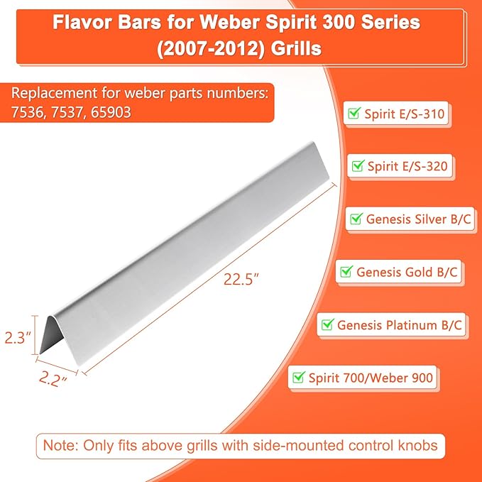 QuliMetal 7537/65903 22.5" Flavor Bars for Weber Spirit 300 Series(with Side Burner Knobs), Spirit E310, E320, Spirit 700, Genesis Silver Gold Platinum B/C, Weber 900, Heat Plates for Weber 7536