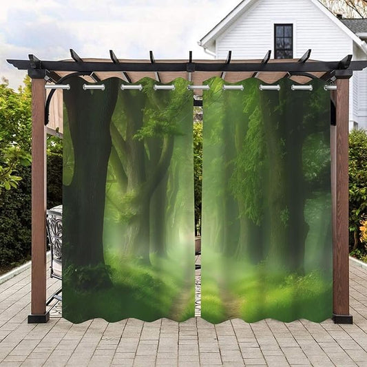 Forest Theme Waterproof Outdoor Curtains for Patio,Dawn Trees Jungle Pattern,Privacy Weatherproof Grommet Outside Curtains for Porch, Pergola, Cabana,2 Panels,W36 x L84,Green