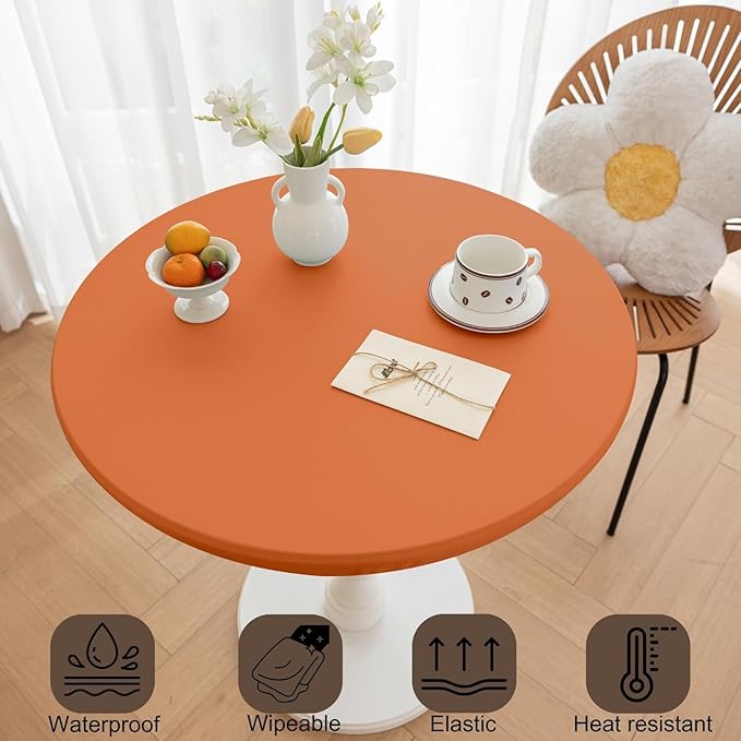 Fall Round Fitted PU Tablecloth with High Elastic Edge 31 Inch Dia Waterproof Oil Proof Table Cloth Anti-Scald Stain-Resistant Wipeable Table Cover for Indoor Outdoor Picnic (Orange,31" Dia)