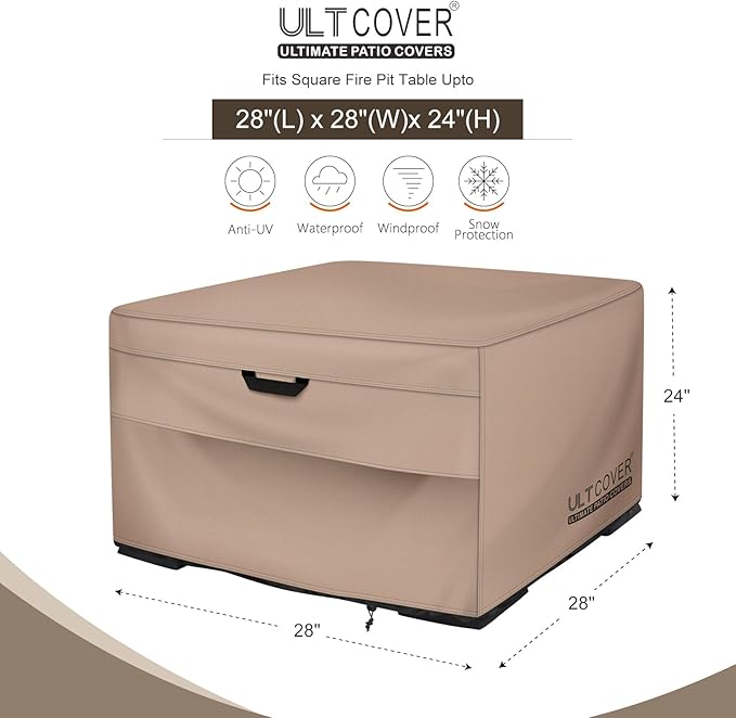 ULTCOVER Patio Fire Pit Table Cover Square 28 inch Outdoor Waterproof Fire Bowl Cover