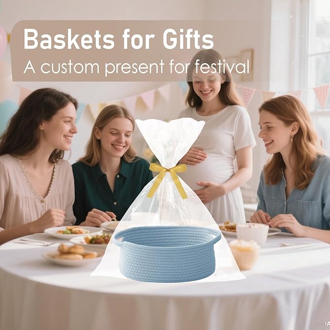 Woven Basket,Small Rope Storage Bin with Handles & Ribbon Bag, Organizer for Shelves Closets,Gift Basket Empty for Birthday,Books,Dog Toys, Blue/2 Pack